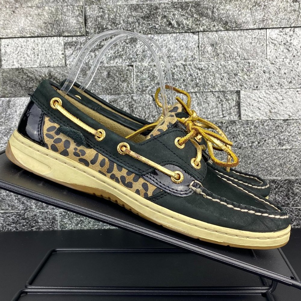 Sperry Top Sider Black Leather Leopard Shoes